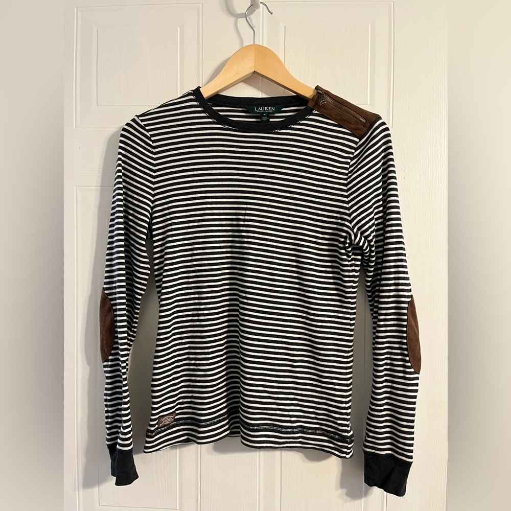 STRIPED TOP WITH ELBOW PATCHES - LAUREN RALPH LAUREN SIZE MEDIUM